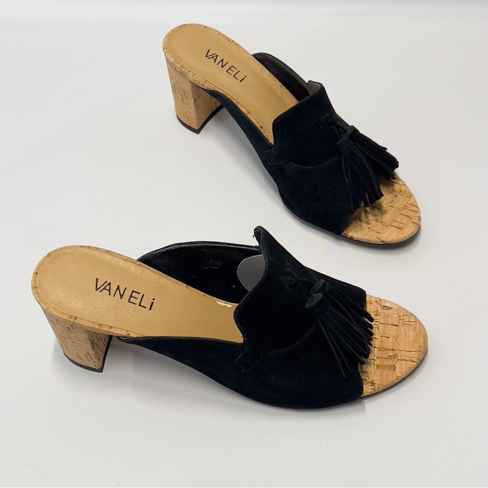 VANELI Women’s z8 1/2M SLIP On Mule Heels Black Velvet Fringe tassels Cork Heel
